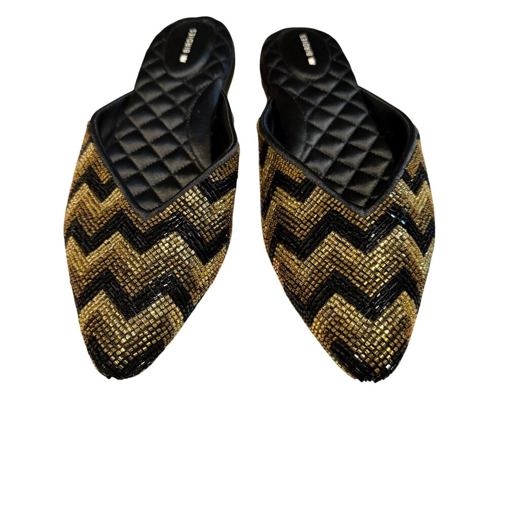 Birdies The Swan Black Gold Deco Beaded Chevron Mule Flats Size 8
